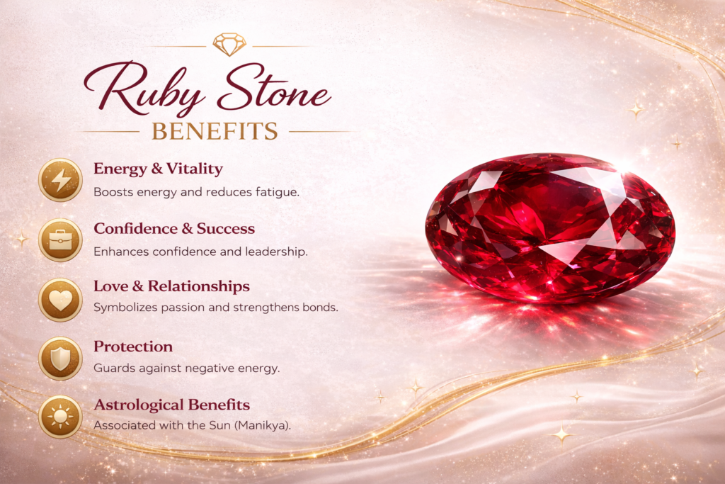 ruby stone benefits infographic with red gemstone and key advantages