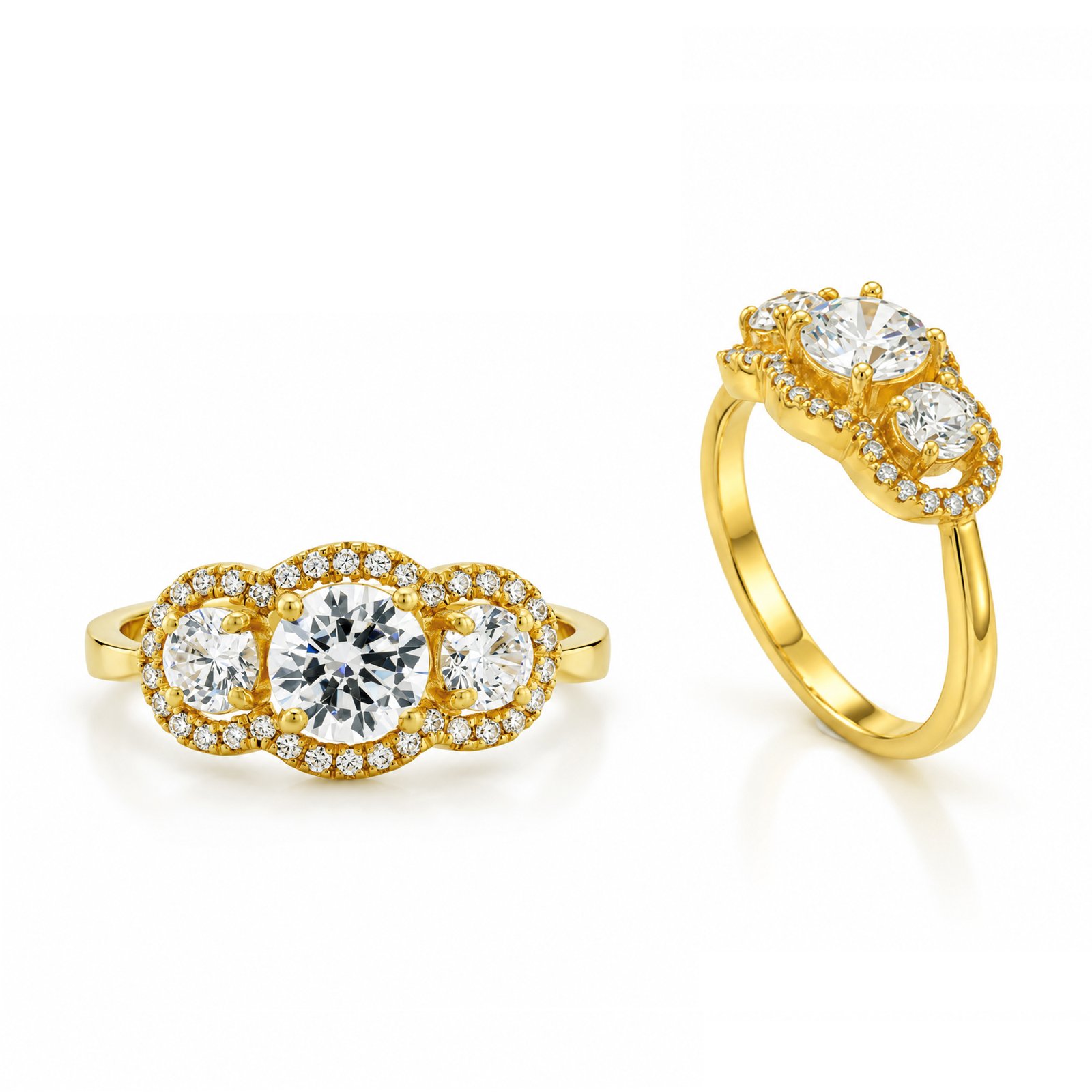 Three Stone Halo Engagement Ring