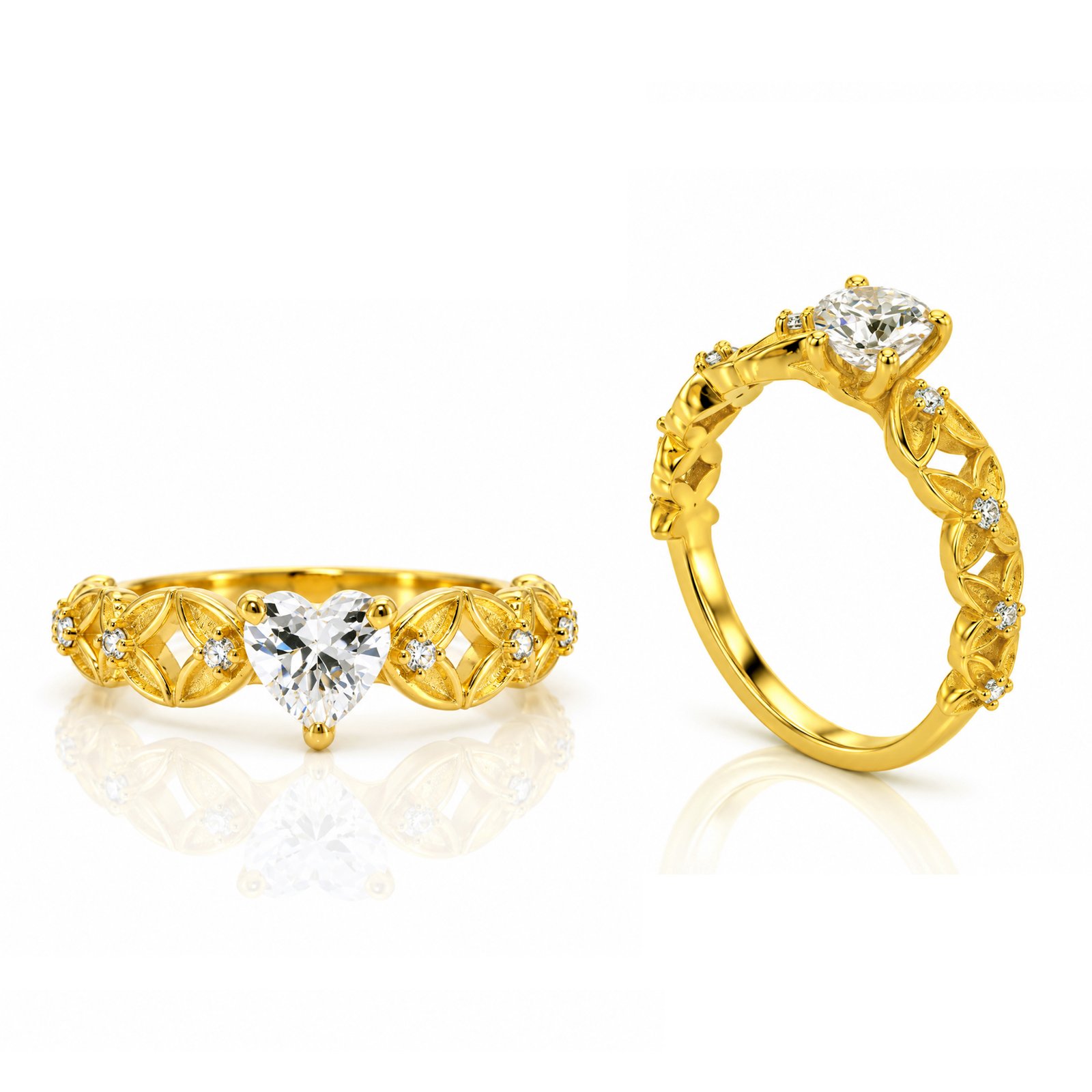 Heart Solitaire Floral Vine Ring